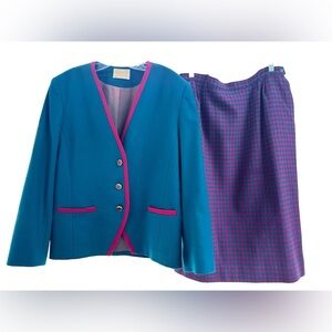 VTG Pendleton Wool 2 Pc Skirt & Blazer Suit Teal Magenta Sz 12 Houndstooth‎
